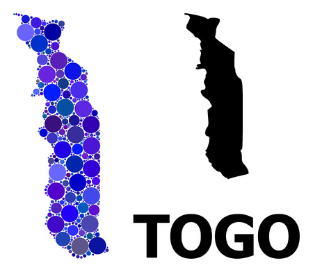 Blue round spot mosaic and solid map of Togo. Vector geographic map of Togo in blue color hues. Abstract composition is composed from random round points.のイラスト素材