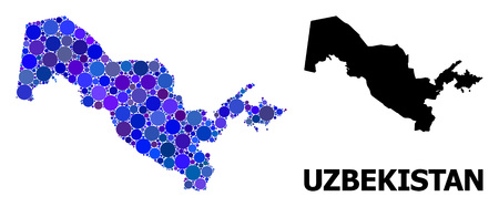 Blue circle mosaic and solid map of Uzbekistan. Vector geographic map of Uzbekistan in blue color tints. Abstract mosaic is constructed from randomized circle blots.のイラスト素材