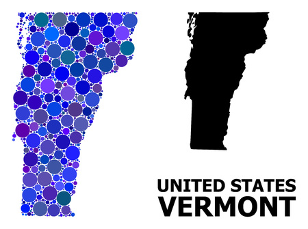 Blue round spot mosaic and solid map of Vermont State. Vector geographic map of Vermont State in blue color shades. Abstract mosaic is done from scattered round spots.のイラスト素材