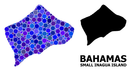 Blue circle mosaic and solid map of Small Inagua Island. Vector geographic map of Small Inagua Island in blue color tints. Abstract concept is composed from scattered circle points.のイラスト素材