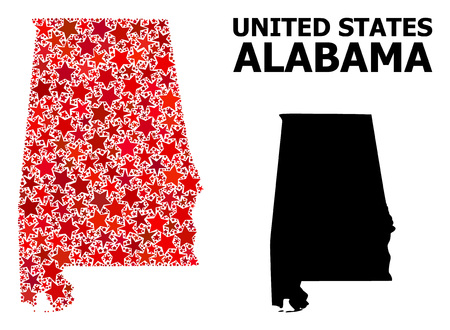 Red star mosaic and solid map of Alabama State. Vector geographic map of Alabama State in red color hues. Abstract collage is organized with randomized flat star elements.のイラスト素材