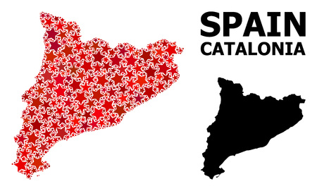 Red star mosaic and solid map of Catalonia. Vector geographic map of Catalonia in red color shades. Abstract mosaic is combined with scattered flat star items.のイラスト素材