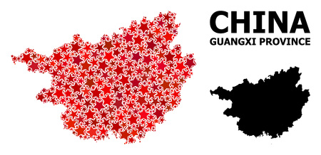 Red star pattern and solid map of Guangxi Province. Vector geographic map of Guangxi Province in red color tints. Abstract mosaic is organized with random flat star parts.のイラスト素材