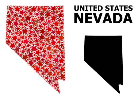 Red star pattern and solid map of Nevada State. Vector geographic map of Nevada State in red color tones. Abstract mosaic is combined with random flat star items.のイラスト素材