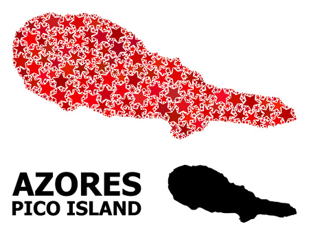 Red star pattern and solid map of Pico Island. Vector geographic map of Pico Island in red color variations. Abstract composition is designed from random flat star parts.のイラスト素材