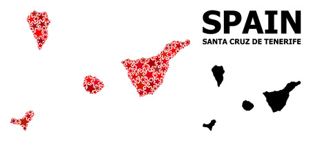 Red star mosaic and solid map of Santa Cruz de Tenerife Province. Vector geographic map of Santa Cruz de Tenerife Province in red color hues. Abstract mosaic is done from scattered flat star items.のイラスト素材