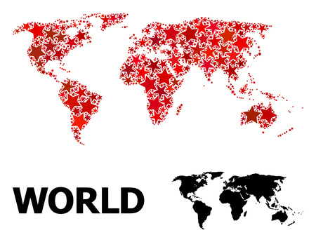 Red star mosaic and solid map of world. Vector geographic map of world in red color tinges. Abstract collage is composed from scattered flat star parts.のイラスト素材