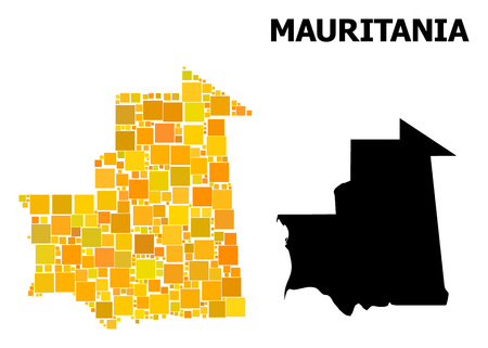 Gold square mosaic and solid map of Mauritania. Vector geographic map of Mauritania in yellow golden color variations. Abstract mosaic is composed from randomized flat square parts.のイラスト素材