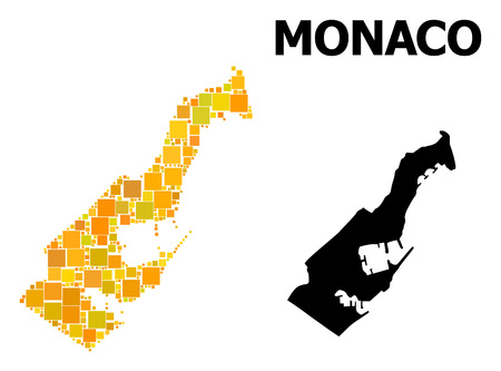 Gold square mosaic and solid map of Monaco. Vector geographic map of Monaco in yellow golden color tinges. Abstract concept is done from random flat square elements.のイラスト素材