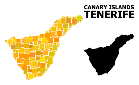 Gold square pattern and solid map of Tenerife Island. Vector geographic map of Tenerife Island in yellow golden color hues. Abstract concept is designed with randomized flat square pixels.のイラスト素材