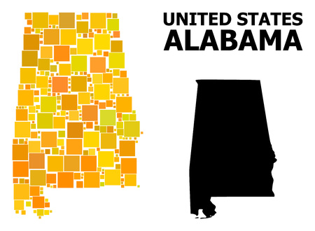 Gold square mosaic and solid map of Alabama State. Vector geographic map of Alabama State in yellow golden color tinges. Abstract mosaic is combined from scattered flat square dots.のイラスト素材