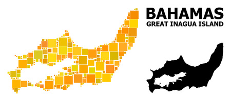 Gold square mosaic and solid map of Great Inagua Island. Vector geographic map of Great Inagua Island in yellow golden color tinges. Abstract composition is constructed from random flat square parts.のイラスト素材