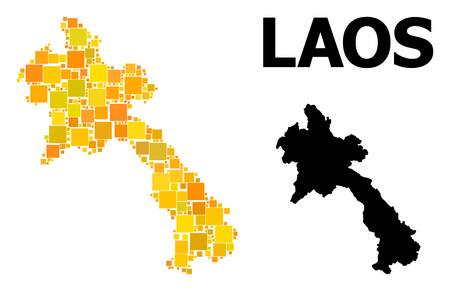 Gold square mosaic and solid map of Laos. Vector geographic map of Laos in yellow golden color tinges. Abstract mosaic is done with random flat square parts.のイラスト素材