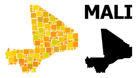 Gold square mosaic and solid map of Mali. Vector geographic map of Mali in yellow golden color variations. Abstract mosaic is constructed from random flat rectangle parts.のイラスト素材