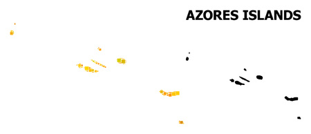 Gold square pattern and solid map of Azores Islands. Vector geographic map of Azores Islands in yellow golden color hues. Abstract concept is organized from random flat square items.のイラスト素材