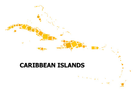 Gold square mosaic vector map of Caribbean Islands. Abstract mosaic geographic map of Caribbean Islands is composed with random flat rotated square parts.のイラスト素材