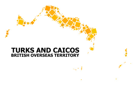 Gold square mosaic vector map of Turks and Caicos Islands. Abstract mosaic geographic map of Turks and Caicos Islands is organized from random flat rotated rectangular items.のイラスト素材