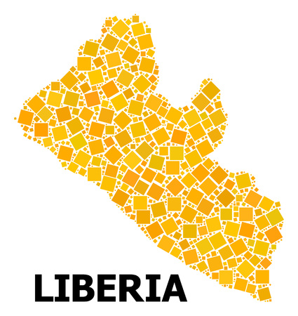 Gold square mosaic vector map of Liberia. Abstract composition geographic map of Liberia is done from scattered flat rotated square elements. Vector illustration in yellow golden color shades.のイラスト素材