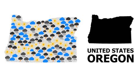 Climate pattern vector map of Oregon State. Geographic composition map of Oregon State is created from randomized rain, cloud, sun, thunderstorm symbols. Vector flat illustration for climate forecst.のイラスト素材