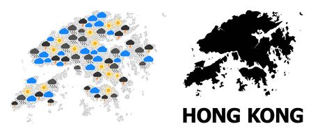 Climate mosaic vector map of Hong Kong. Geographic mosaic map of Hong Kong is designed from randomized rain, cloud, sun, thunderstorm icons. Vector flat illustration for climate predictions.のイラスト素材