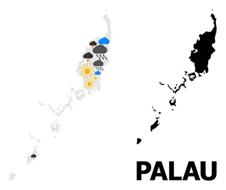 Weather collage vector map of Palau Islands. Geographic collage map of Palau Islands is designed from randomized rain, cloud, sun, thunderstorm symbols.のイラスト素材