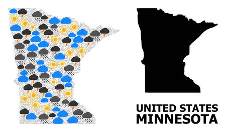 Weather mosaic vector map of Minnesota State. Geographic mosaic map of Minnesota State is organized with random rain, cloud, sun, thunderstorm elements. Vector flat illustration for weather news.のイラスト素材