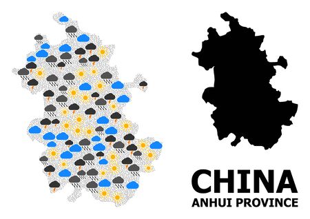 Climate pattern vector map of Anhui Province. Geographic composition map of Anhui Province is constructed from scattered rain, cloud, sun, thunderstorm elements.のイラスト素材