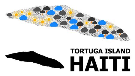 Climate mosaic vector map of Haiti Tortuga Island. Geographic mosaic map of Haiti Tortuga Island is organized from scattered rain, cloud, sun, thunderstorm elements.のイラスト素材