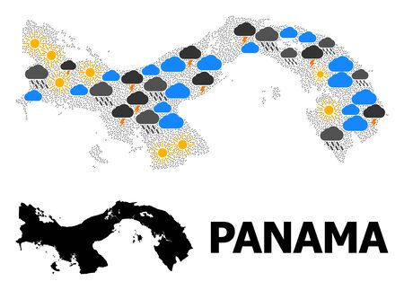 Climate pattern vector map of Panama. Geographic concept map of Panama is composed from randomized rain, cloud, sun, thunderstorm. Vector flat illustration for climate news.のイラスト素材