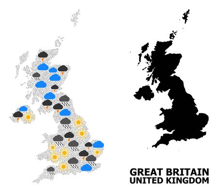Climate pattern vector map of United Kingdom. Geographic collage map of United Kingdom is designed with random rain, cloud, sun, thunderstorm icons. Vector flat illustration for climate predictions.のイラスト素材