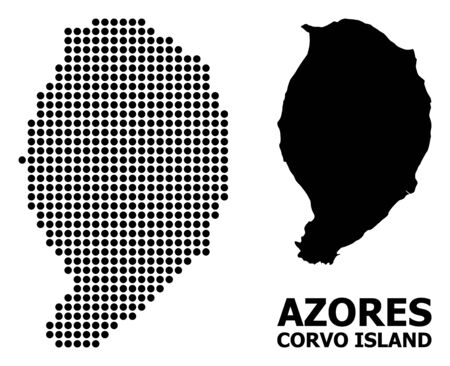 Pixelated map of Corvo Island collage and solid illustration. Vector map of Corvo Island combination of round dots on a white background. Abstract flat territorial plan for political templates.のイラスト素材