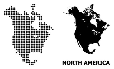 Dotted map of North America composition and solid illustration. Vector map of North America composition of round elements on a white background. Abstract flat territory scheme for education templates.のイラスト素材