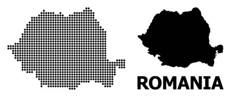 Pixel map of Romania composition and solid illustration. Vector map of Romania composition of round pixels on a white background. Abstract flat territory scheme for political illustrations.のイラスト素材