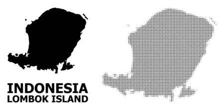 Halftone and solid map of Lombok Island composition illustration. Vector map of Lombok Island composition of x-cross items on a white background.のイラスト素材