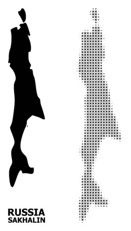 Halftone and solid map of Sakhalin Island composition illustration. Vector map of Sakhalin Island composition of x-cross elements on a white background.のイラスト素材