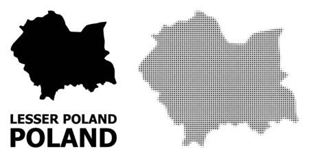 Halftone and solid map of Lesser Poland Province collage illustration. Vector map of Lesser Poland Province composition of x-cross items on a white background.のイラスト素材