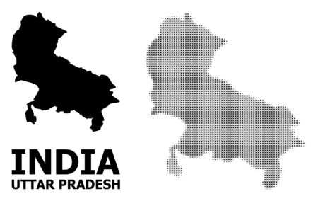 Halftone and solid map of Uttar Pradesh State composition illustration. Vector map of Uttar Pradesh State composition of x-cross spots on a white background.のイラスト素材