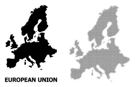 Halftone and solid map of Euro Union composition illustration. Vector map of Euro Union composition of x-cross elements on a white background. Abstract flat territory scheme for educational purposes.のイラスト素材
