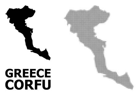 Halftone and solid map of Corfu Island composition illustration. Vector map of Corfu Island composition of x-cross spots on a white background. Abstract flat territory plan for political templates.のイラスト素材