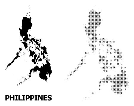 Halftone and solid map of Philippines composition illustration. Vector map of Philippines composition of x-cross spots on a white background. Abstract flat territorial scheme for political purposes.のイラスト素材
