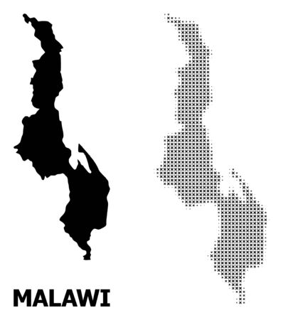 Halftone and solid map of Malawi composition illustration. Vector map of Malawi composition of x-cross spots on a white background. Abstract flat geographic scheme for political purposes.のイラスト素材