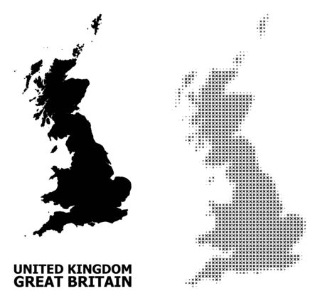 Halftone and solid map of Great Britain composition illustration. Vector map of Great Britain composition of x-cross elements on a white background.のイラスト素材