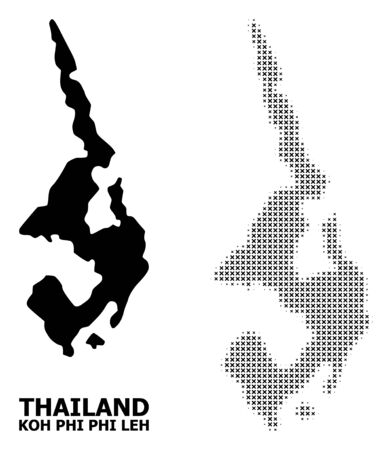 Halftone and solid map of Koh Phi Leh composition illustration. Vector map of Koh Phi Leh composition of x-cross spots on a white background.のイラスト素材