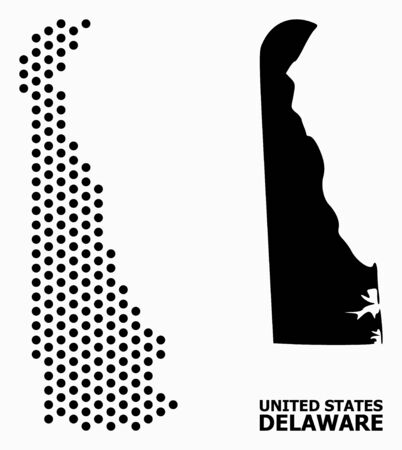 Pixel map of Delaware State mosaic and solid illustration. Vector map of Delaware State composition of round pixels with hexagonal periodic pattern on a white background.のイラスト素材