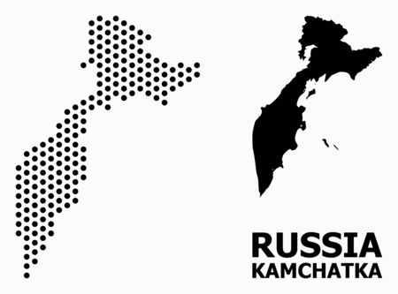 Pixelated map of Kamchatka Peninsula collage and solid illustration. Vector map of Kamchatka Peninsula combination of circle dots with honeycomb geometric pattern on a white background.のイラスト素材