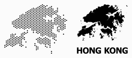 Dotted map of Hong Kong composition and solid illustration. Vector map of Hong Kong composition of spheric pixels with honeycomb geometric order on a white background.のイラスト素材