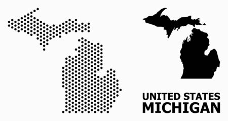 Pixel map of Michigan State composition and solid illustration. Vector map of Michigan State composition of sphere points with honeycomb geometric pattern on a white background.のイラスト素材