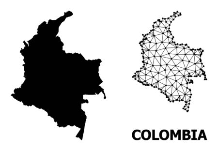 Solid and mesh vector map of Colombia. Wire carcass 2D polygonal mesh in vector EPS format, geographic templates for economical illustrations. Illustrations are isolated on a white background.のイラスト素材