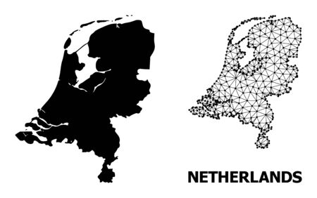 Solid and mesh vector map of Netherlands. Wire carcass 2D triangular mesh in vector , geographic models for educational designs. Illustrations are isolated on a white background.のイラスト素材