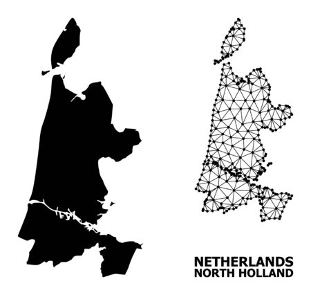 Solid and mesh vector map of North Holland. Linear frame 2D polygonal mesh in eps vector format, geographic templates for educational compositions. Illustrations are isolated on a white background.のイラスト素材